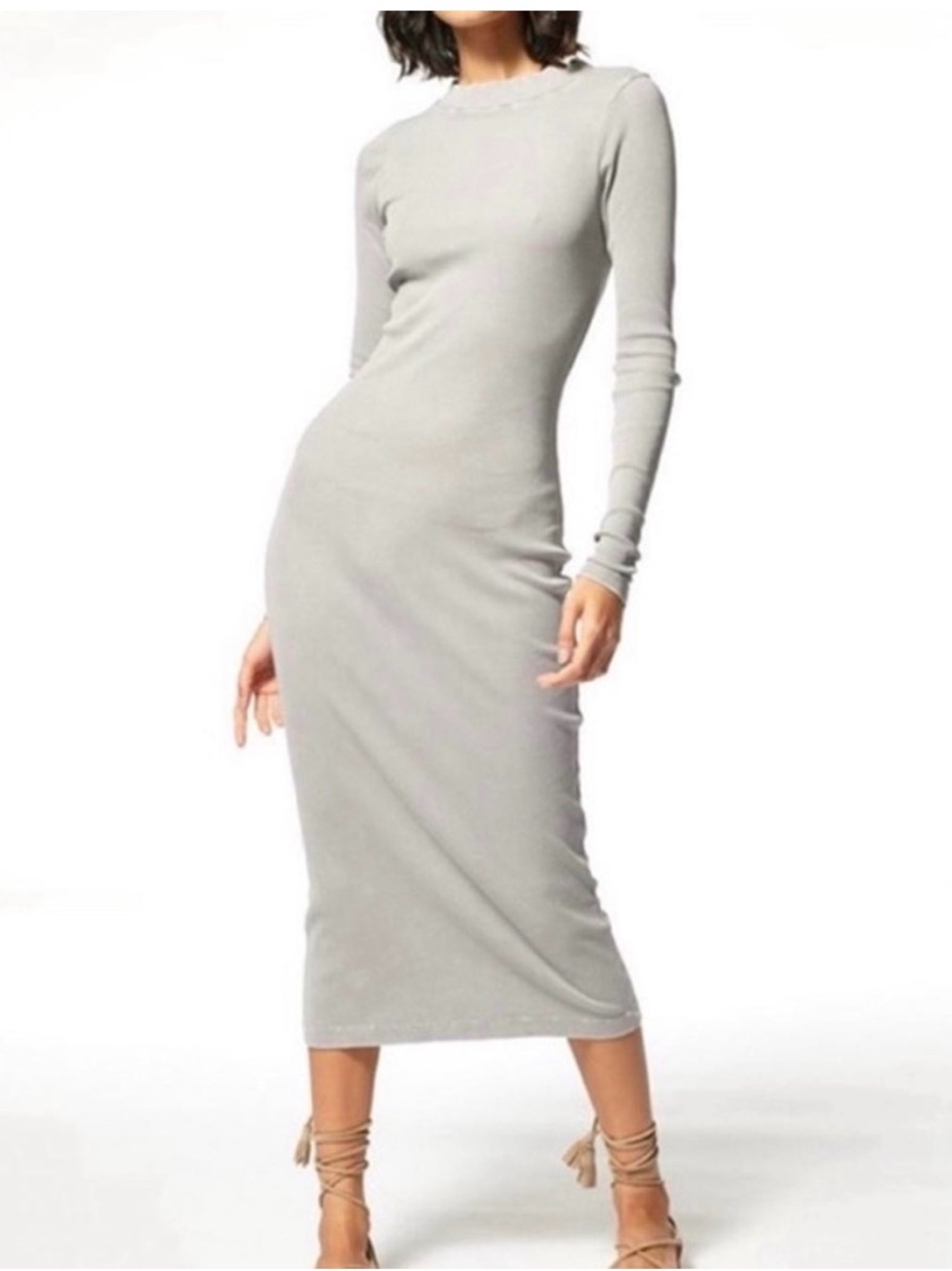 Young Fabulous and Broke Classic Long-Sleeve Ribbed Midi Dress in Gray Cotton